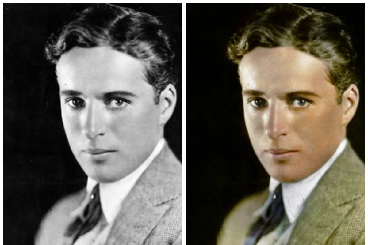 A portrait of a very young Charles Chaplin (1889–1977), on Feb. 26, 1929, before he began to make his world-famous films. The image on the left was colorized by Dana Keller. (Topical Press Agency/Getty Images)