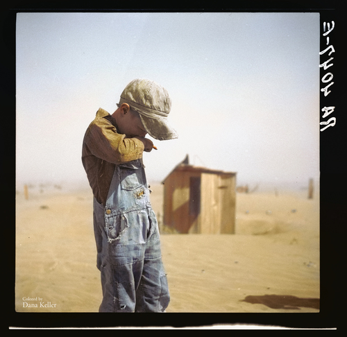 A boy protects his face from dust in Cimarron County, Okla., in 1936., colorized by Dana Keller