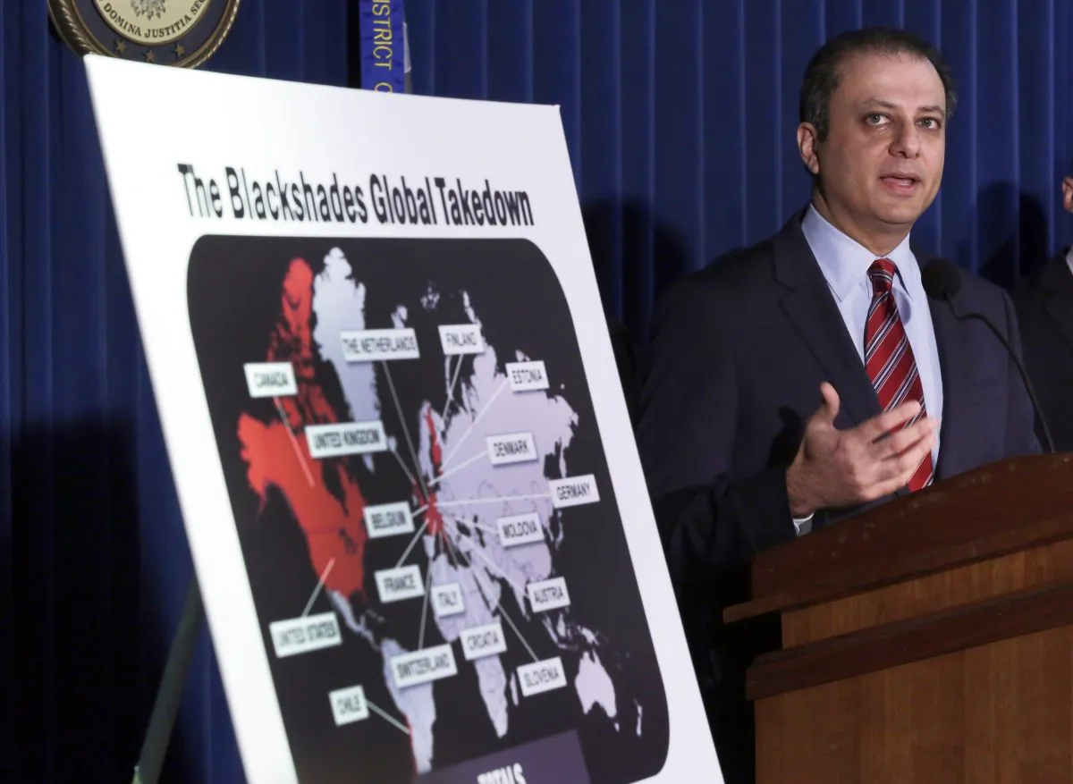 Preet Bharara, U.S. Attorney for the Southern District of New York, discusses arrests in the malware BlackShades Remote Access Tool. (AP Photo/Richard Drew)