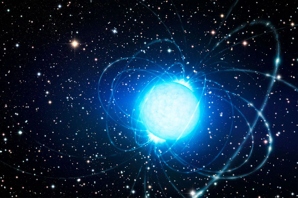 The strongest magnets in the universe – but how does a magnetar form? (Artist’s impression of magnetar in the cluster Westerlund 1.) (L. Calçada/ESO)