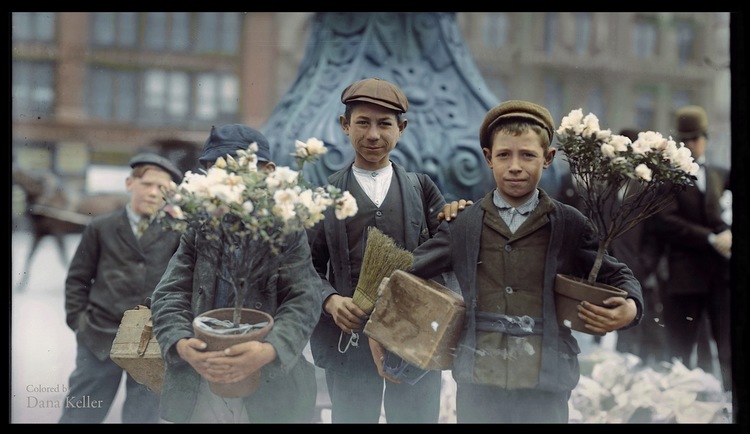 Boys buying Easter flowers in Union Square, New York City, 1908, colorized by Dana Keller.