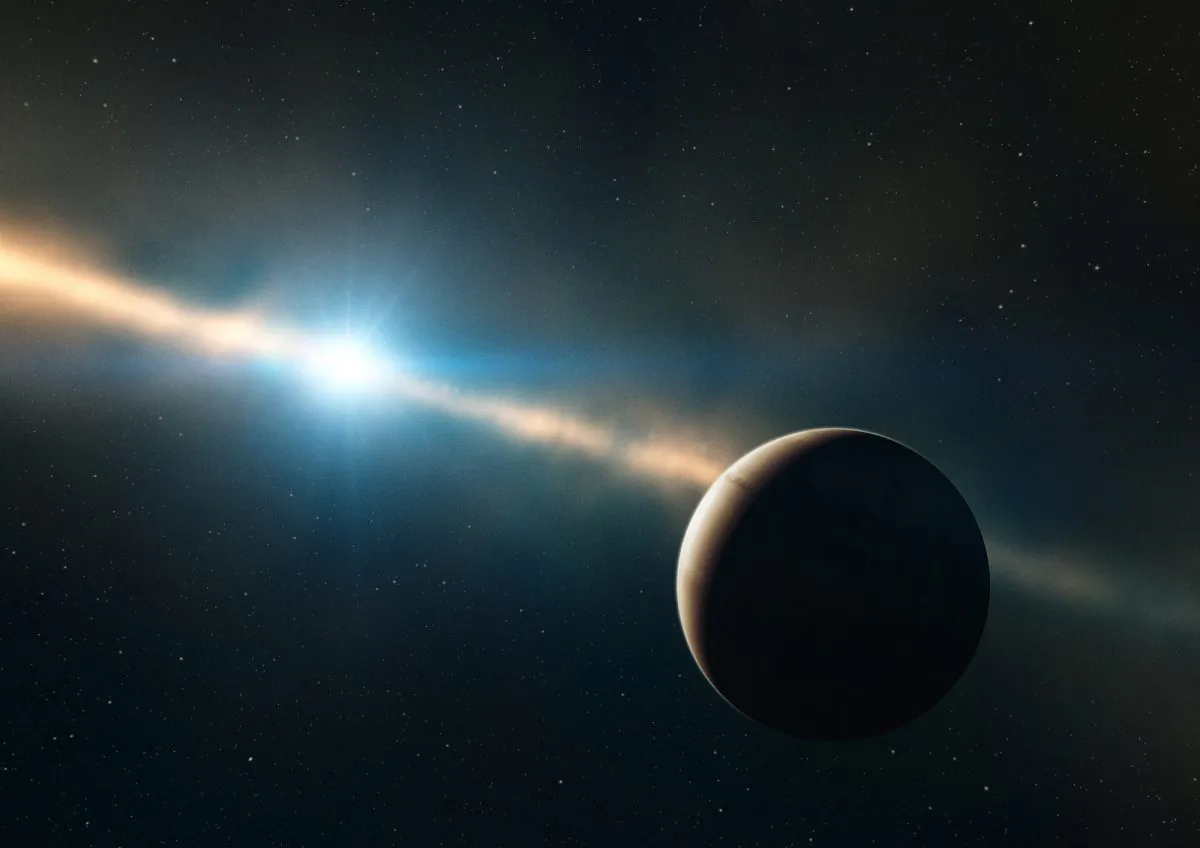 This artist’s view shows the planet orbiting the young star Beta Pictoris. This exoplanet is the first to have its rotation rate measured. Its eight-hour day corresponds to an equatorial rotation speed of 100,000 kilometres/hour — much faster than any planet in the Solar System. (ESO/L. Calçada & N. Risinger/Skysurvey.org, CC BY-SA)