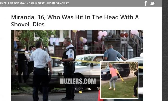 A story saying that 16-year-old Miranda Fugate Lockwood, 16, was killed after she got hit in the head by "Emily Powers" is a hoax. A fake news website took a viral Vine video and made up a story about it. (Huzlers.com screenshot)