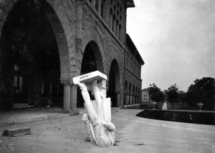 Damage done by the earthquake in San Francisco on April 18, 1906. At Stanford University, a statue of Louis Agassiz fell 30 feet and pierced the concrete.