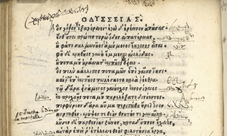 A rare 16th-century edition of Homer's Odyssey includes handwritten annotations in an unknown script—thought to date back to the mid-19th century. (Courtesy of University of Chicago Special Collections Research Center)
