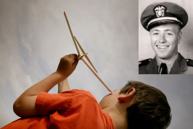 Right: James Huston Jr., a WWII pilot who died at the Battle for Iwo Jima (Screenshot/YouTube via Walter Semkiw). Left: A file photo of a boy playing with an airplane. From a very young age, James Leininger seemed to remember being Huston in a past life, and the details he was able to give are surprising. (Thinkstock)