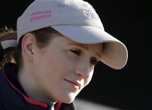Jockey Rosie Napravnik answers questions at Churchill Downs Thursday, May 1, 2014, in Louisville, Ky. (AP Photo/Garry Jones)
