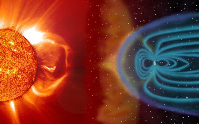 Artist's concept drawing of the Earth's magnetosphere (R) and the sun (L). (NASA)