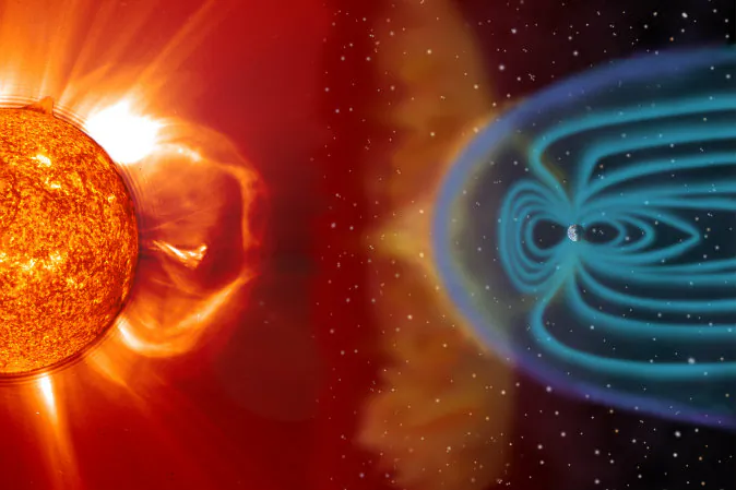 Artist's concept drawing of the Earth's magnetosphere (R) and the sun (L). (NASA)