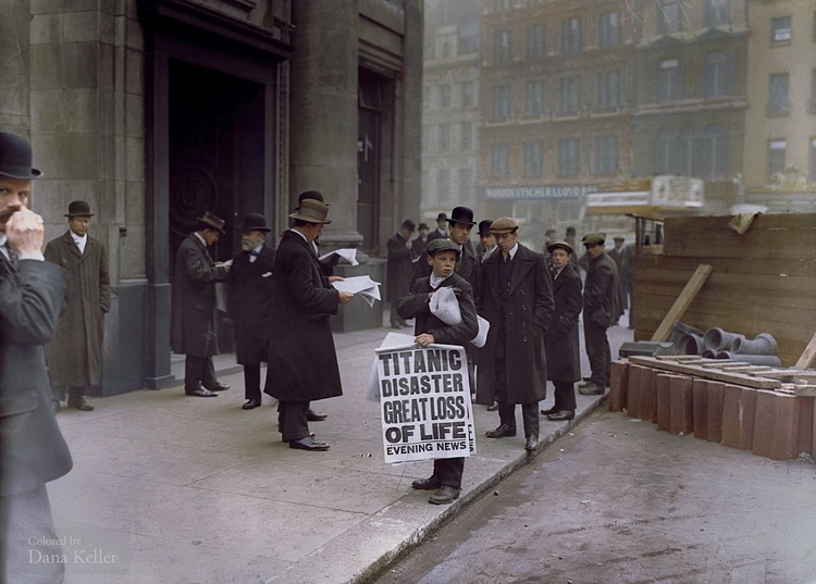 Ned Parfett selling copies of a newspaper with the news that the Titanic sank, colorized by Dana Keller.
