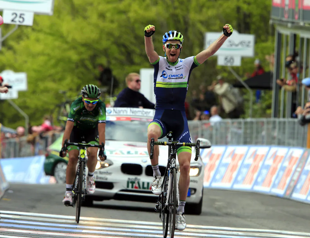 Pieter Weeening crosses the finish line at Sestola to win Stage Nine of the Giro d'Italia, May 18, 2014. (greenedgecycling.com)