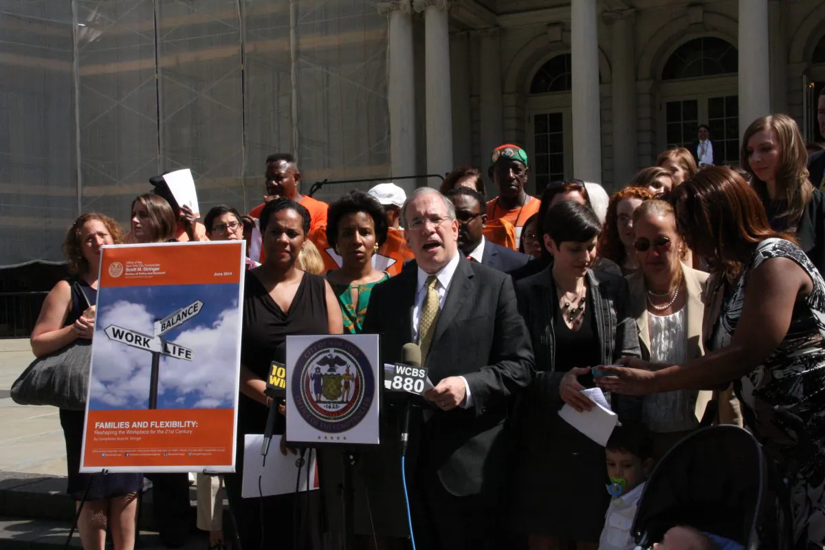 New York City Comptroller Scott Stringer speaking about his support for Right to Request legislation that will give employees more flexible work hours, on the steps of New York City Hall, June 16, 2014. (Tatiana Ren/Epoch Times)