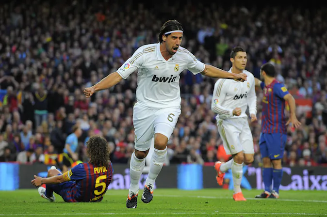 Sami Khedira of Real Madrid CF celebrates after scoring the opening goal during the La Liga match between FC Barcelona and Real Madrid at Camp Nou on April 21, 2012 in Barcelona, Spain. (Photo by David Ramos/Getty Images)