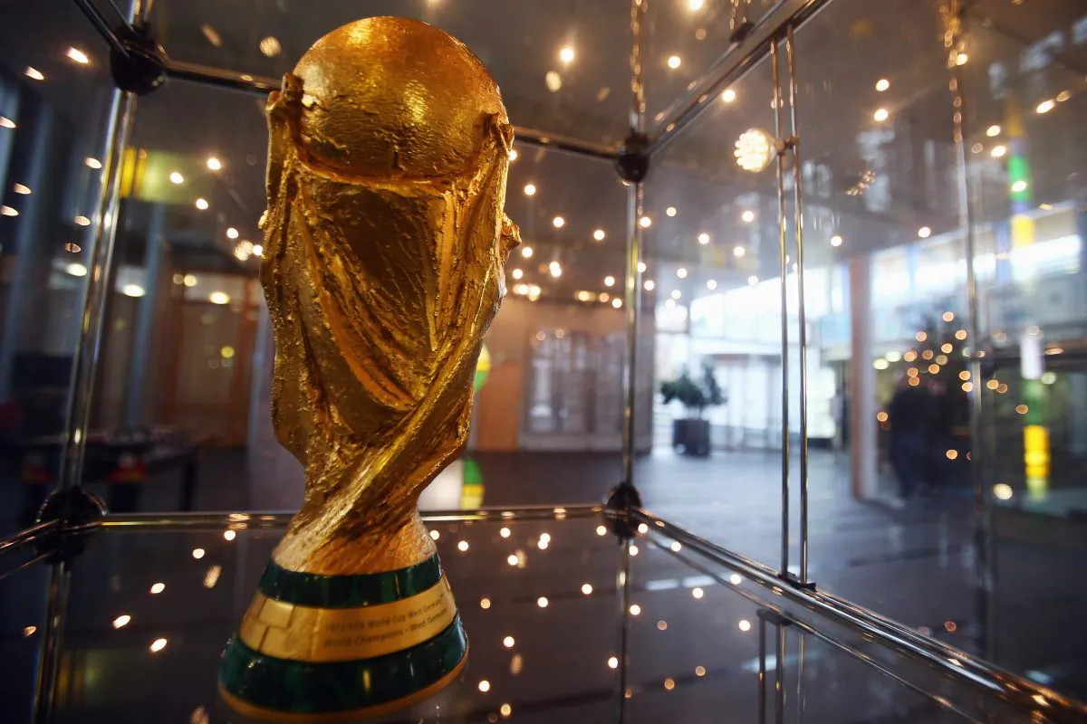 The World Cup trophy is seen in the lobby of the DFB headquarters during the DFB Federal Court trial against Hannover 96 and Dynamo Dresden on December 10, 2012 in Frankfurt am Main, Germany. (Alex Grimm/Bongarts/Getty Images)
