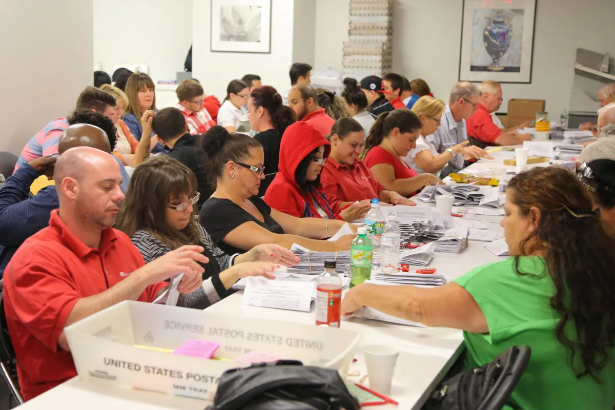 Around 60 ballot counters sort and scan votes on the United Federation of Teachers contract in a basement of a Lower Manhattan building on June 3, 2014. More than 90,000 votes were counted by the end of the day. (Benjamin Chasteen/Epoch Times)