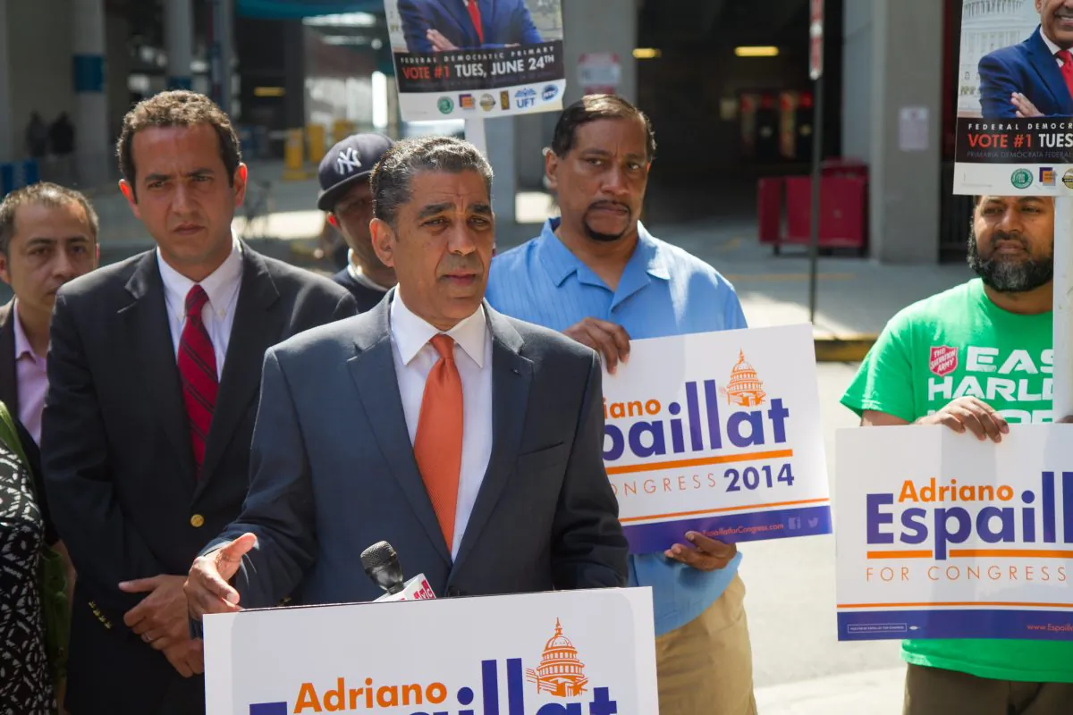 State Sen. Adriano Espaillat, who is running for Congress in 2014, speaks about his plans for economic reform at the East River Plaza, in Manhattan, on Wednesday, June 4, 2014. Espaillat promised to concentrate on immigration reform if elected as Congressman at a morning campaign event. (Jonathan Zhou/Epoch Times)