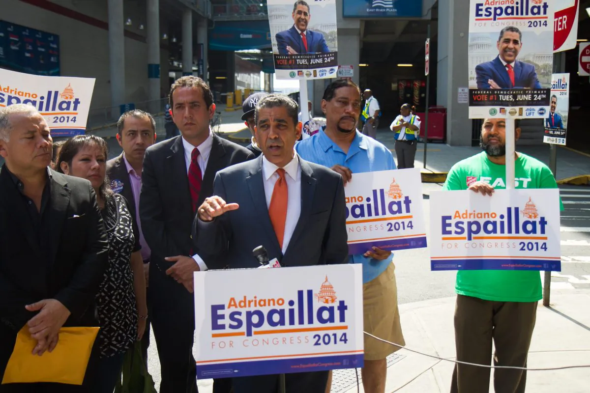 State Sen. Adriano Espaillat, who is running for Congress in 2014, speaks about his campaign at the East River Plaza, in Manhattan, on June 4, 2014. (Jonathan Zhou/Epoch Times)