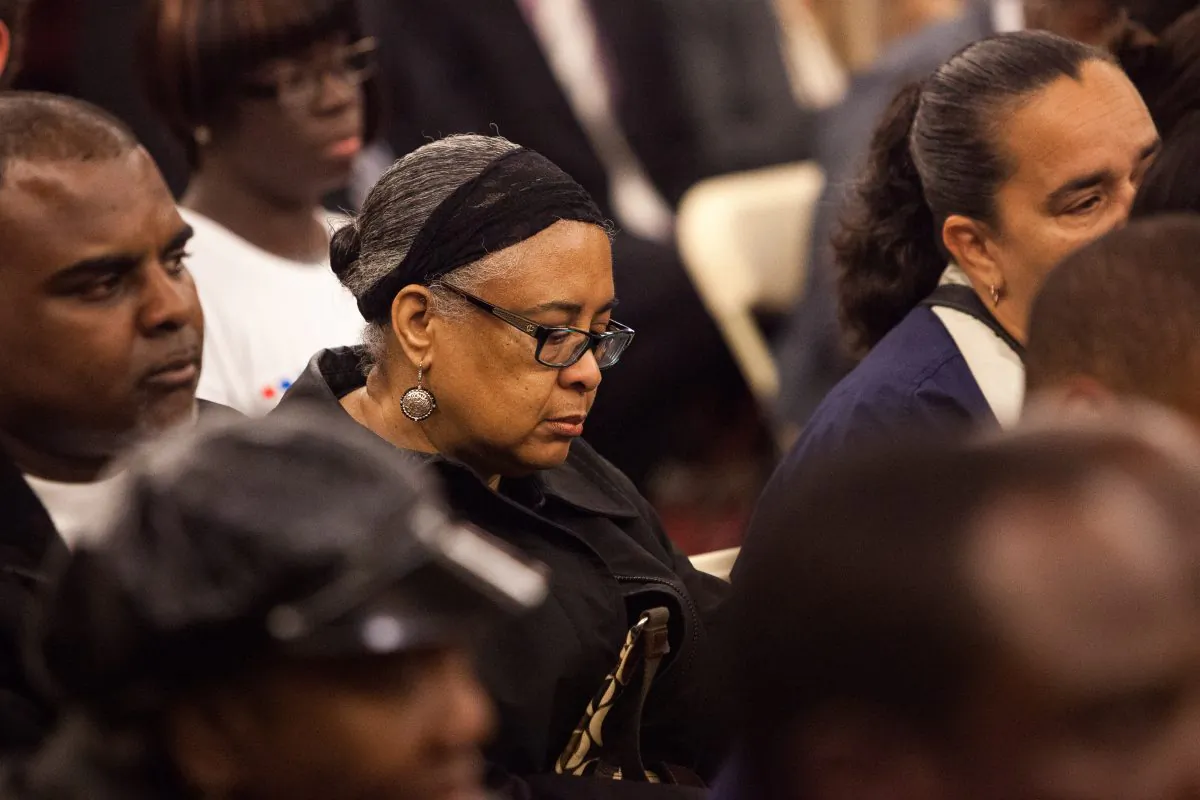 Doris McCoy, grandmother of late Avonte Oquendo, listens to opening remarks at a City Council hearing on Avonte’s Law, Manhattan, June 12. (Petr Svab/Epoch Times)