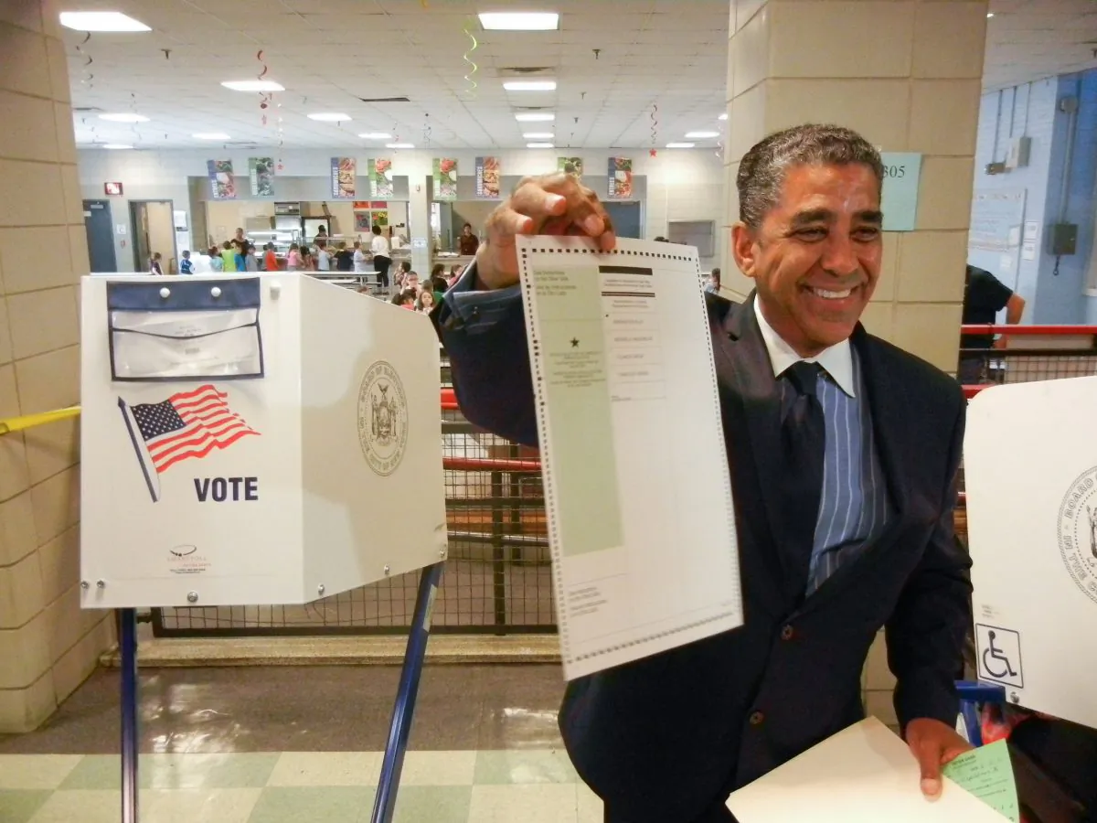 Candidate Adriano Espaillat at Public School 98 on Tuesday morning, June 24, 2014. (Epoch Times)