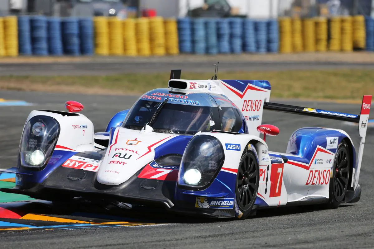 The #7 Toyota TS 040 leads the 82nd Le Mans 24-hour race after eight hours at the Circuit de la Sarthe at Le Mans, France, June14-15, 2014. (ToyoaHybridRacing.com)