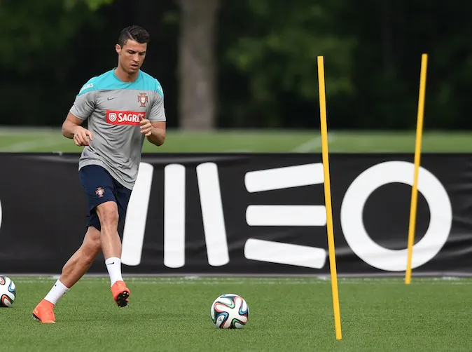 Portugal's Cristiano Ronaldo during training June 8, 2014 in Florham Park, New Jersey. The team will be training at the New York Jets training facility during a stop on their way to the World Cup in Brazil. (TIMOTHY A. CLARY/AFP/Getty Images)