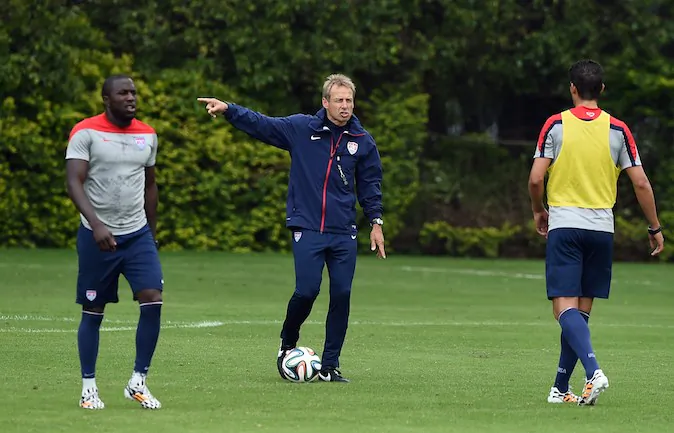 US German coach Juergen Klinsmann (C) oversees a training session in Sao Paulo on June 11, 2014, ahead of the 2014 FIFA World Cup in Brazil. (JEWEL SAMAD/AFP/Getty Images)