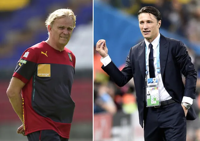 Cameroon coach Volker Finke (L) and Croatian coach Nico Kovac during the 2014 FIFA World Cup in Brazil. Cameroon and Croatia clash in Manaus on June 18, 2014 looking to put their troubles behind them and keep alive their hopes of making the World Cup knock-out rounds. (PIERRE-PHILIPPE MARCOU/AFP/Getty Images)