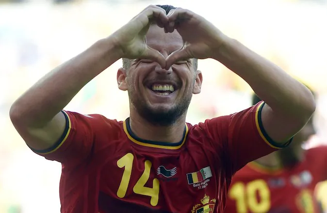 Belgium's forward Dries Mertens celebrates after scoring during a Group H football match between Belgium and Algeria at the Mineirao Stadium in Belo Horizonte during the 2014 FIFA World Cup on June 17, 2014. (MARTIN BUREAU/AFP/Getty Images)