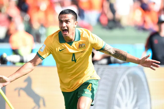 Australia's forward Tim Cahill celebrates after scoring during a Group B football match between Australia and the Netherlands at the Beira-Rio Stadium in Porto Alegre during the 2014 FIFA World Cup on June 18, 2014. (JUAN BARRETO/AFP/Getty Images)
