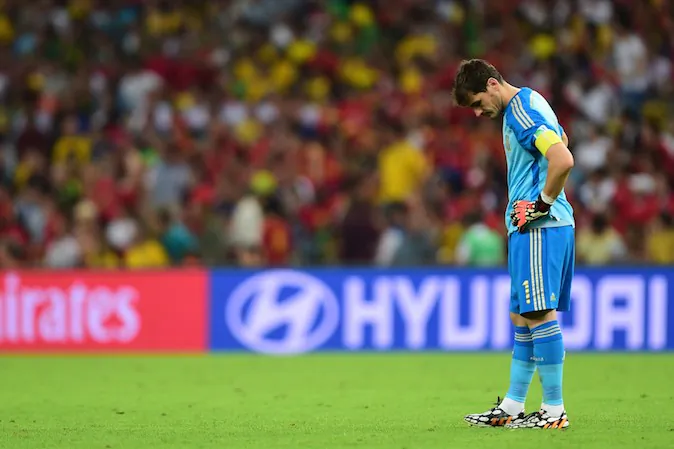 Spain's goalkeeper and captain Iker Casillas reacts during a Group B football match between Spain and Chile in the Maracana Stadium in Rio de Janeiro during the 2014 FIFA World Cup on June 18, 2014. (MARTIN BERNETTI/AFP/Getty Images)