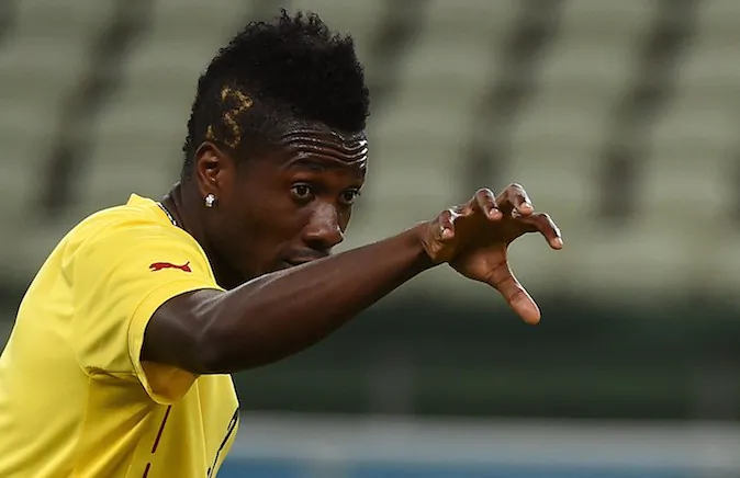 Ghana's forward Asamoah Gyan takes part in a training session in the Castelao Stadium in Fortaleza on June 20, 2014 on the eve of the Group G football match between Germany and Ghana in the 2014 FIFA World Cup in Brazil. (PATRIK STOLLARZ/AFP/Getty Images)
