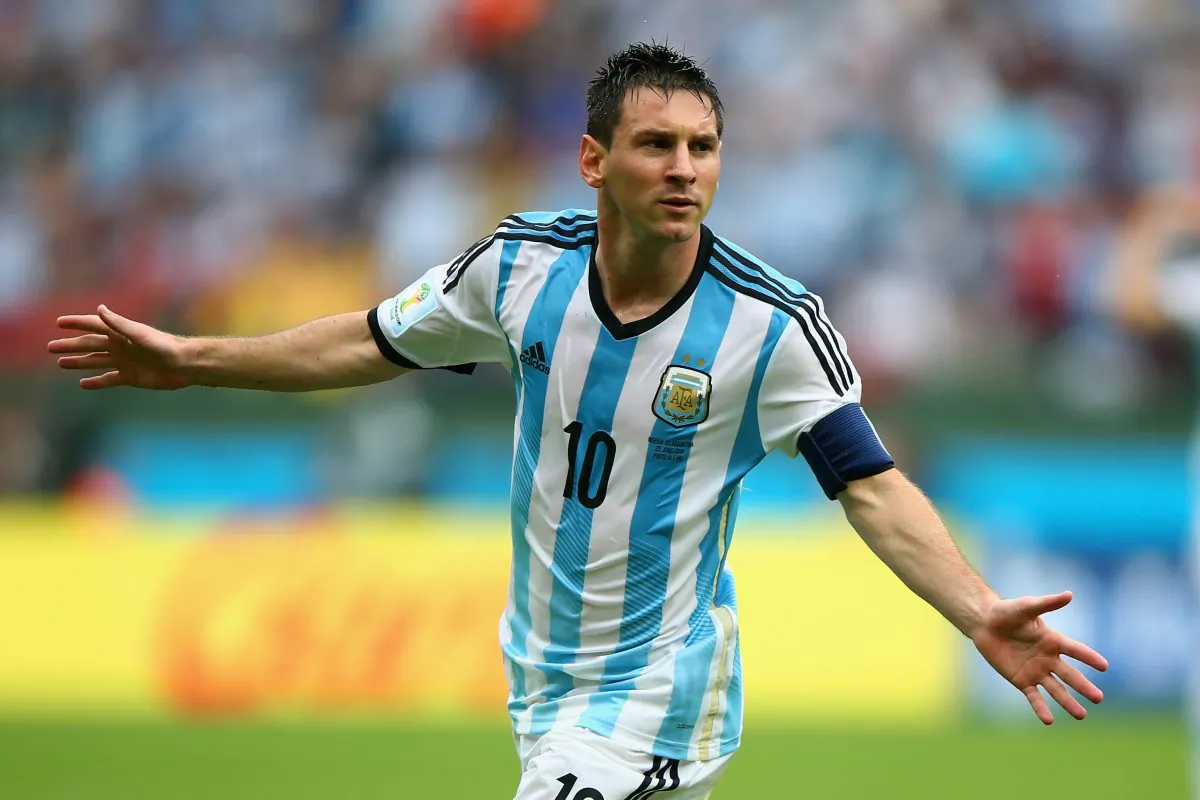 Lionel Messi of Argentina celebrates scoring his team's second goal and his second of the game during the 2014 FIFA World Cup Brazil Group F match between Nigeria and Argentina at Estadio Beira-Rio on June 25, 2014 in Porto Alegre, Brazil. (Photo by Ian Walton/Getty Images)