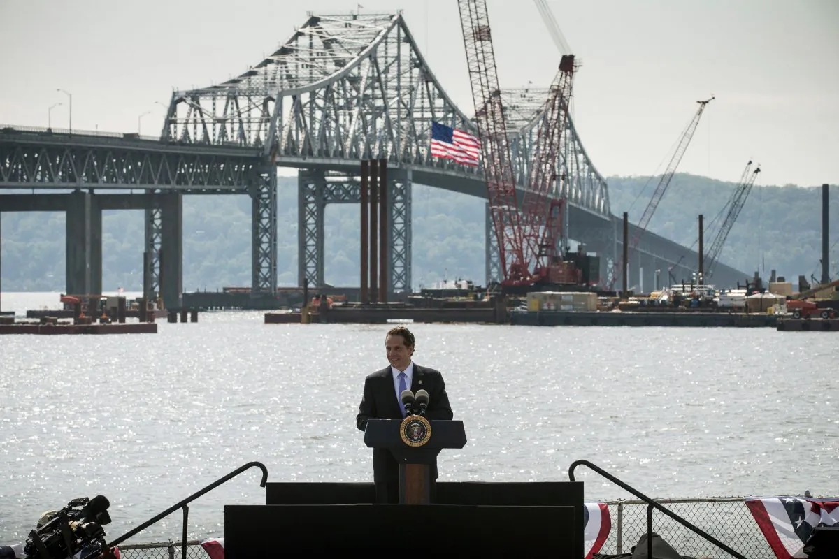 New York Governor Andrew Cuomo at the Washington Irving Boat Club with the Tappan Zee Bridge in the background, Tarrytown, NY, May 14. (Andrew Burton/Getty Images)