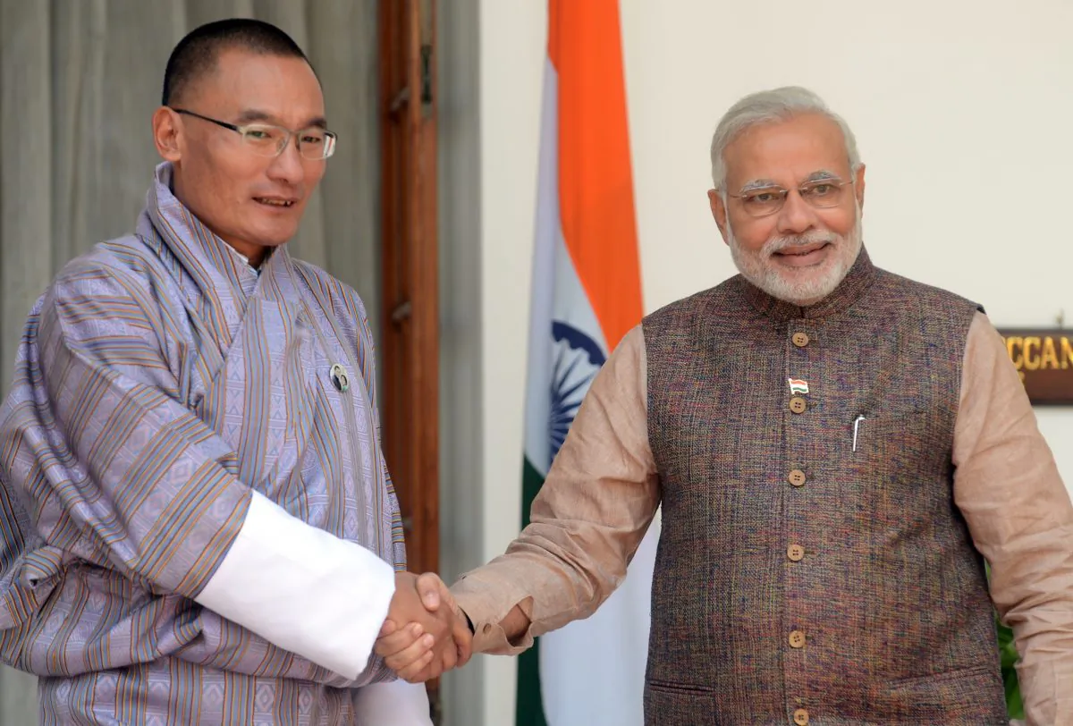India's newly sworn-in Prime Minister Narendra Modi (R) shakes hands with Bhutan Prime Minister Tshering Tobgay during a meeting in New Delhi on May 27, 2014. Indian Prime Minister Narendra Modi met regional South Asian leaders for talks in New Delhi May 27 after he was was sworn in May 26 as prime minister. (Raveendran/AFP/Getty Images)