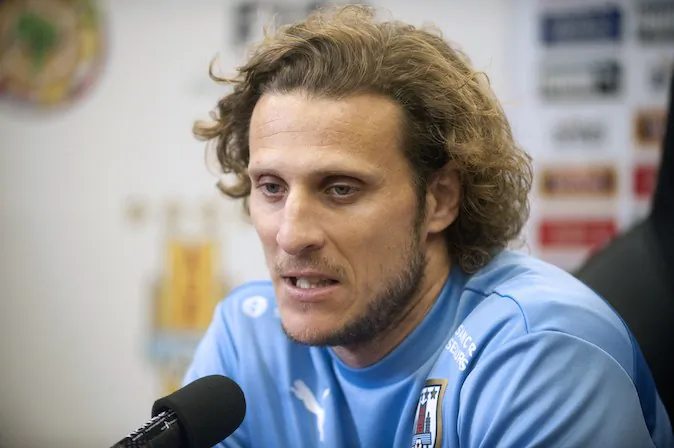Uruguay's football team player Diego Forlan speaks during a press conference held at the Complejo Celeste training complex in Canelones, Uruguay, on June 2, 2014. (MIGUEL ROJO/AFP/Getty Images)