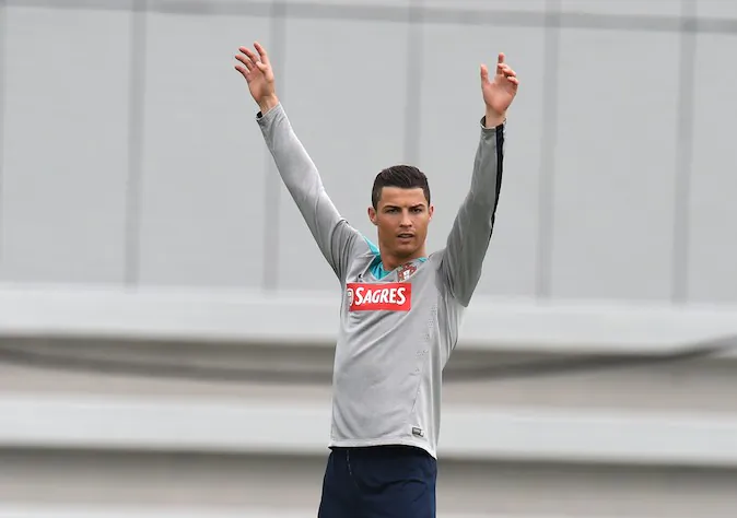 Portugal's Cristiano Ronaldo celebrates a goal during training June 4, 2014 in Florham Park, New Jersey. Portugal made a stop in the US for training and warm up games on their way to brazil for the World Cup. (DON EMMERT/AFP/Getty Images)