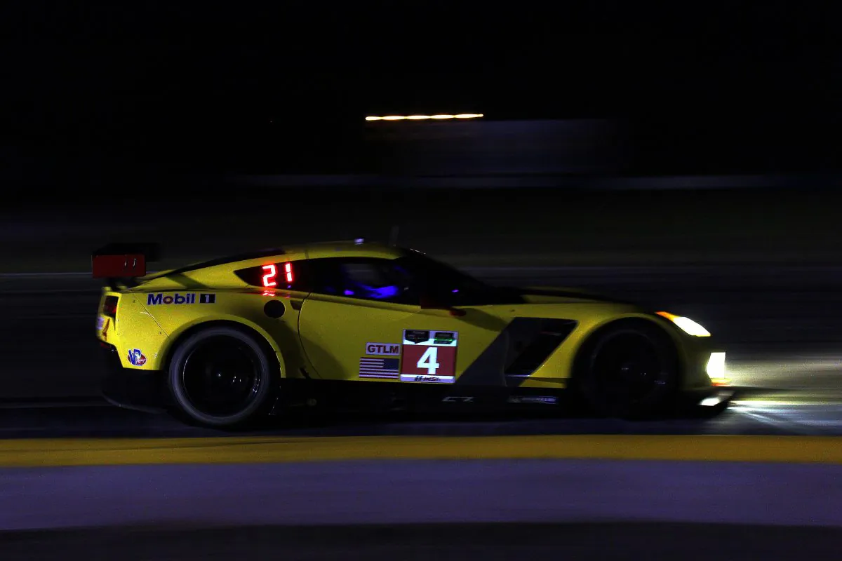 The Corvette Racing C7.R (here in action at Sebring 2014) battled hard against the #97 Aston through the early-morning hours at the Le Mans 24 race at Le Mans France, June  14–15, 2014. (Chris Jasurek/Epoch Times)