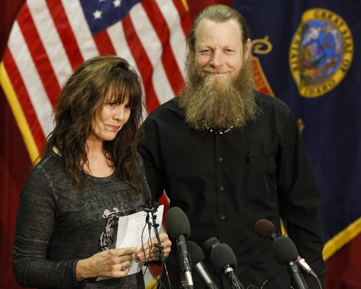 Jani and Bob Bergdahl speak to the media during at Gowen Field in Boise, Idaho, on June 1, 2014. Their son, Sgt. Bowe Bergdahl is back in American hands, freed for five Guantanamo terrorism detainees. (AP Photo/Otto Kitsinger)
