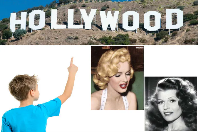 Top: Hollywood sign. (Shutterstock*) Bottom left: a file photo of a boy pointing. (Shutterstock*) 2nd Right: Marilyn Monroe on the cover of the January 1954 issue of Now magazine. (Wikimedia Commons) Bottom right: Actress Rita Hayworth (Wikimedia Commons)