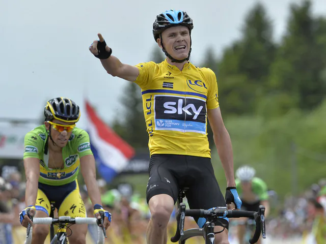 Sky's Chris Froome (C) tries to smile through his pain after beating Tinkoff's Alberto Contador (L) in Stage Two of the 2014 Critérium du Dauphiné between Tarare and Col du Beal, central France, on June 9, 2014. (teamsky.com)