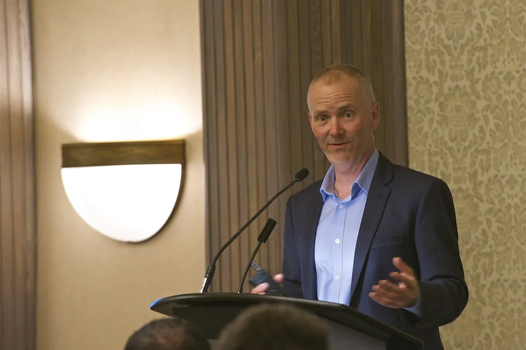 Mark Monahan, award-winning executive and artistic director of the RBC Royal Bank Bluesfest, speaks about the power of community involvement at the Eggs n’ Icons business breakfast hosted by the Ottawa Chamber of Commerce on June 5, 2014. Monahan won the Chamber’s Business Achievement Award in 2010, and was recognized by Le regroupement des gens d’affaires with an Executive of the Year award in 2011. He was included on a prestigious list of honorees to receive the Order of Ottawa in 2013. (Chrisy Trudeau/Epoch Times)