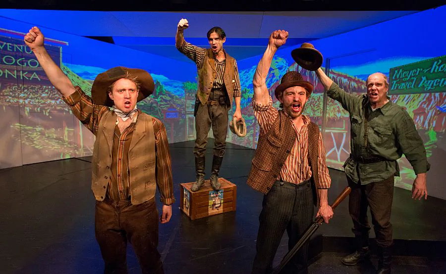 (L–R) Dave Quay, Brian Thomas Vaughan, Scott Thomas, and Jay Patterson play gold prospectors who invade the possibly imaginary town of Donogoo. (Richard Termine)