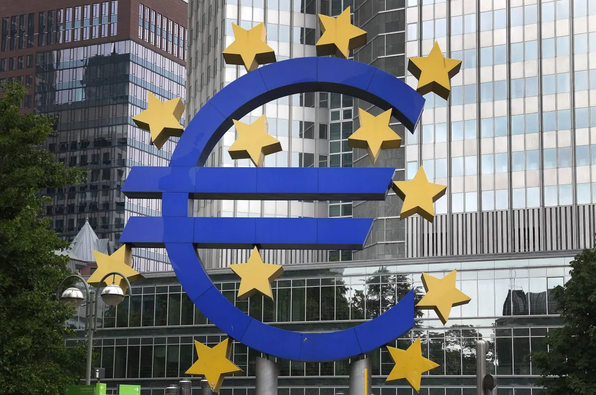 The logo of the European currency Euro is pictured in front of the European Central Bank ECB in Frankfurt am Main, Germany, May 26, 2014, a day after the European Parliament elections. (Daniel Roland/AFP/Getty Images)