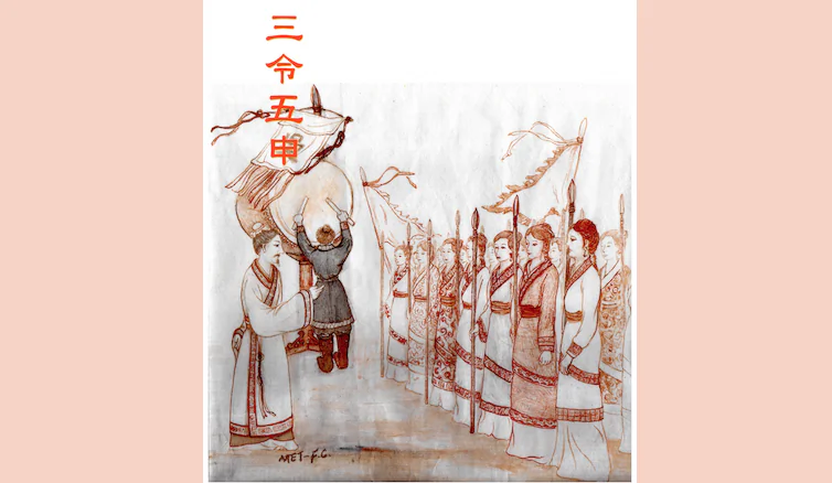Sun Zi explains the meaning of the drums over and over to ensure the ladies-in-waiting fully understand. (Flora Chung/Epoch Times) 