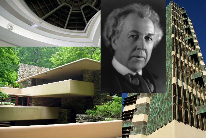 Top left: The interior of a building designed by Frank Lloyd Wright showing multiple floors and a ceiling window. (Ahisgett via Compfight*) Bottom left: A building designed by Wright. (Holowac via Compfight*) Center: A 1926 photo portrait of Wright (Library of Congress) Right: Wright's Price Tower in Bartlesville, Okla. (Shutterstock*)