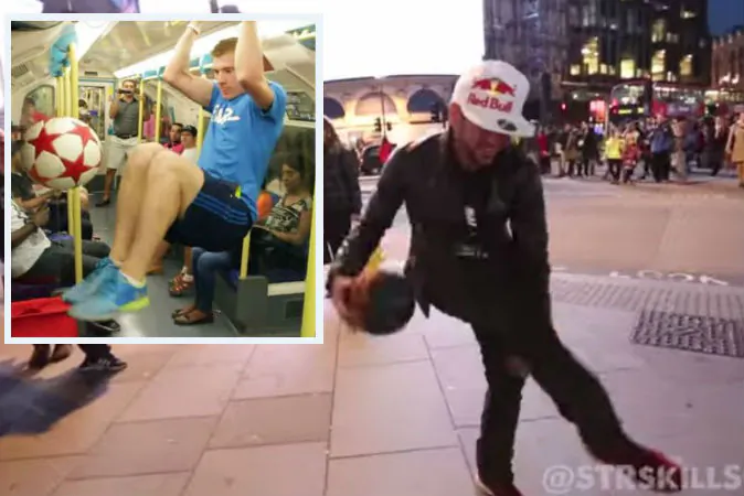 Left: Andrew Henderson shows his freestyle soccer skills on the London Tube. Right: Sean Garnier performs freestyle soccer tricks. (Screenshots/STRSkillSchool/YouTube)