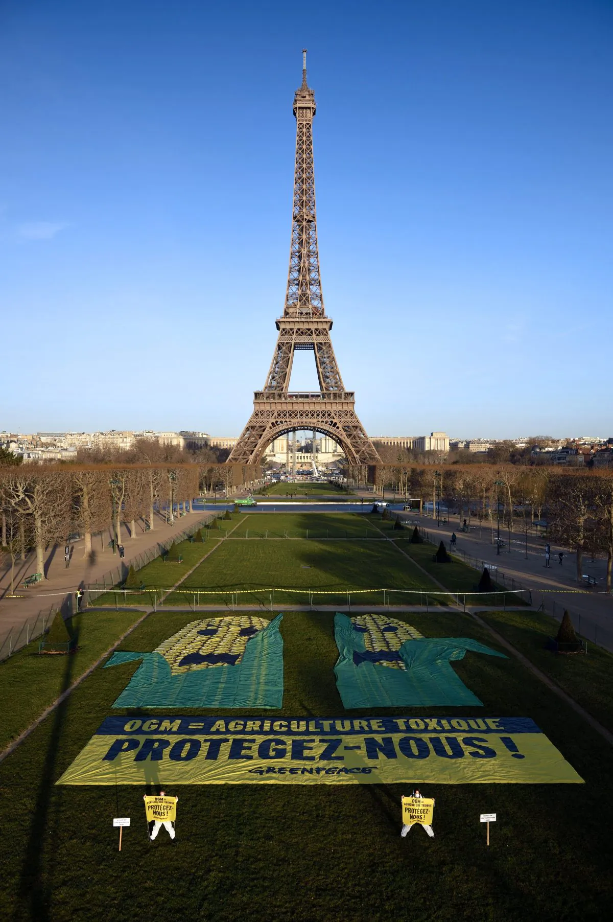 Greenpeace activists protest against a new genetically modified corn, U.S. firm Pioneer's TC1507, on the Champs de Mars in Paris, in front of the Eiffel Tower on Feb. 12, 2014. (Eric Feferberg/AFP/Getty Images)