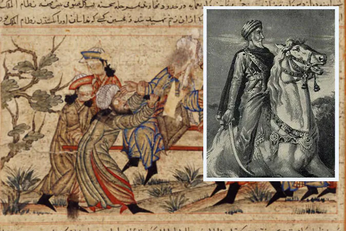 Left: The assassination of Nizamal-Mulk by a hashshashin. Hassan-i Sabbah, who formed the hashshashins. (Wikimedia Commons)