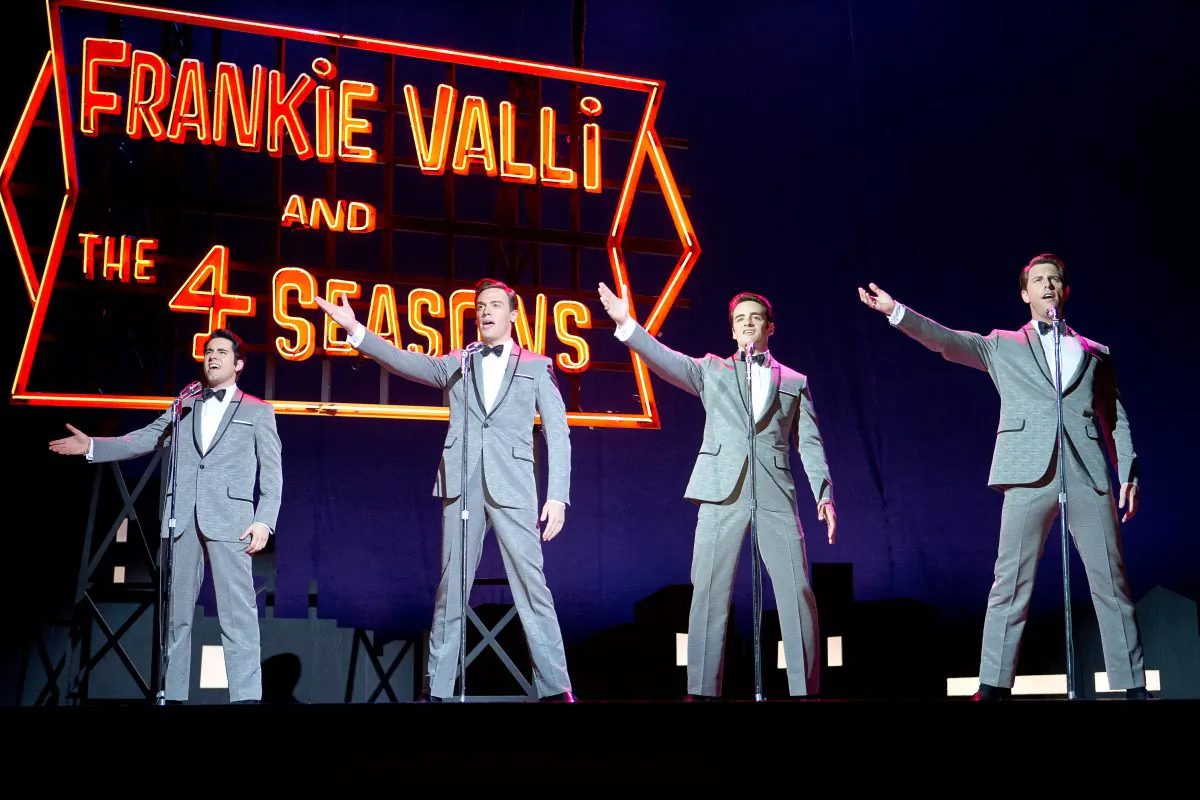 John Lloyd Young as Frankie Valli, Erich Bergen as Bob Gaudio, Vincent Piazza as Tommy DeVito, and 
Michael Lomenda as Nick Massi in the movie-musical "Jersey Boys." (Warner Bros.)