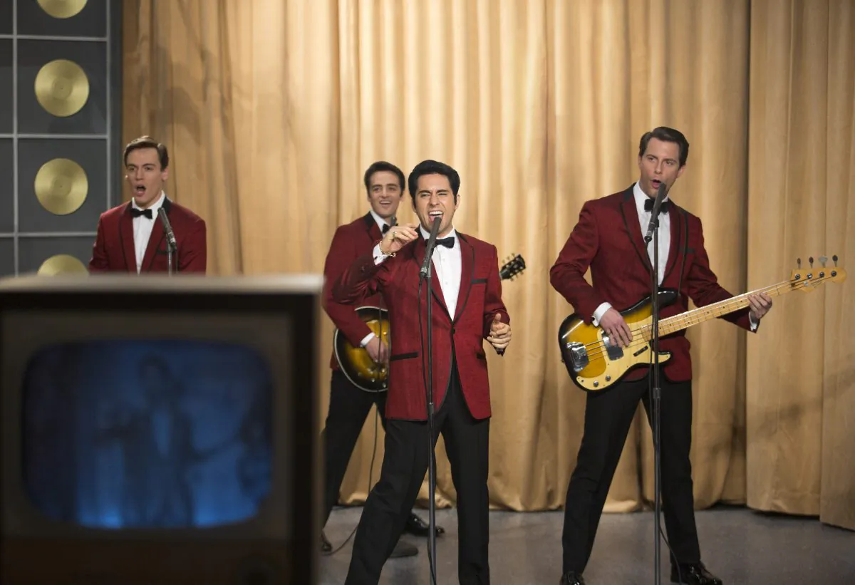 (L–R) Erich Bergen as Bob Gaudio, Vincent Piazza as Tommy DeVito, John Lloyd Young as Frankie Valli, and Michael Lomenda as Nick Massi in “Jersey Boys.” (Warner Bros.)

